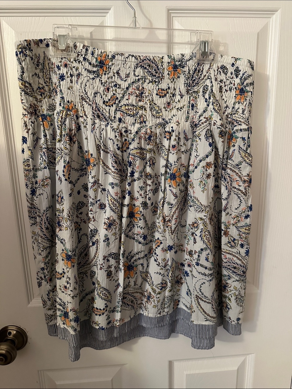 J Jill White Floral Smocked Midi Skirt with Blue and Yellow Accents